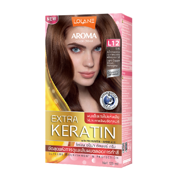 ថ្នាំលាបសក់អារ៉ូម៉ាខេរ៉ាទីន L12/LL Aroma Color Cream Extra Keratin 125ml L12 Light Copper Brown Mahogany
